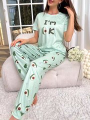 Avocado Print Pajama Set Short Sleeve Top & Pants Women's Sleepwear