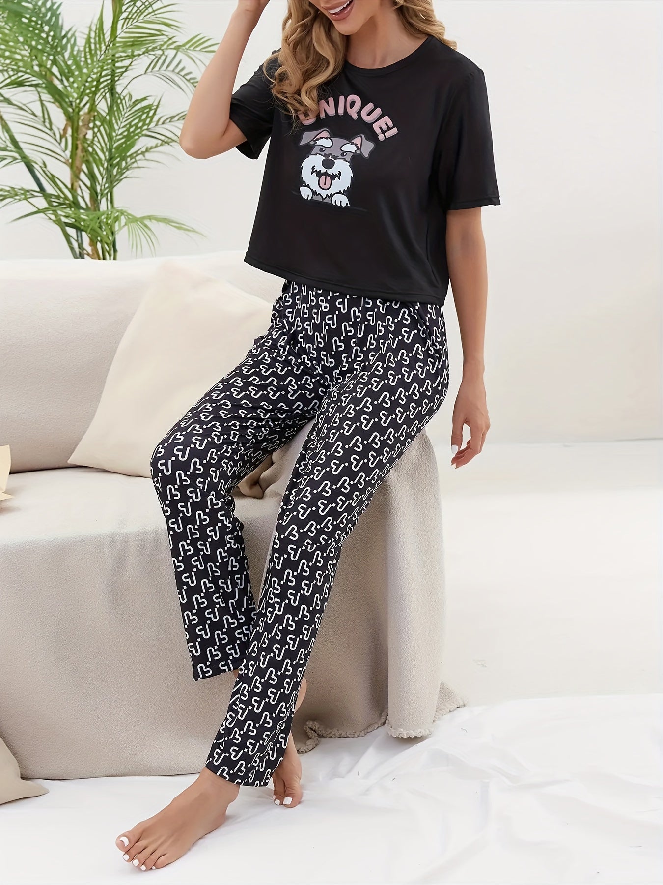 Cartoon Dog Print Pajama Set Women's Sleepwear & Loungewear