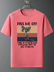Cat Print Crew Neck T shirt Solid Short Sleeve Loose Tee Women's Tops