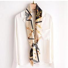 Pink Geometric Print Satin Ribbon Long Small Silk Scarf