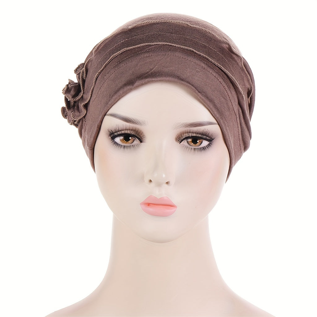 Flower Decor Turban Solid Beanie Head Scarf Ramadan Head Wrap