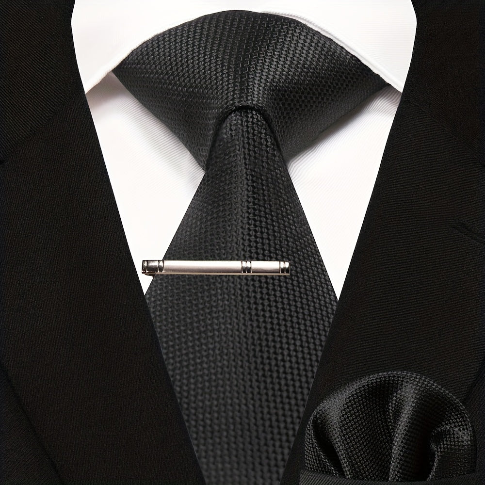 3pc Silk Tie And Square Scarf Tie Clip Set For Men