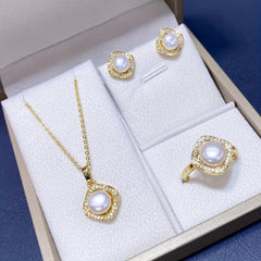 4pcs Girls Faux Pearl Pendant Necklace & Ring & Earrings Jewelry Set