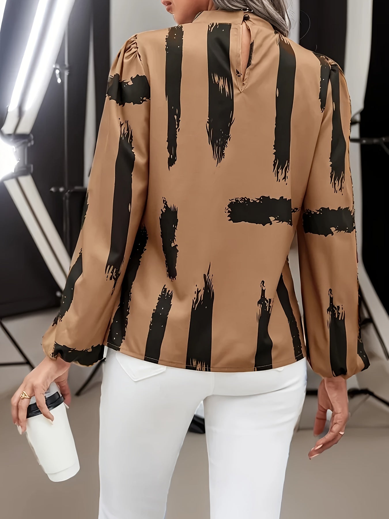 Brush Print Lantern Sleeve Blouse Plus Size