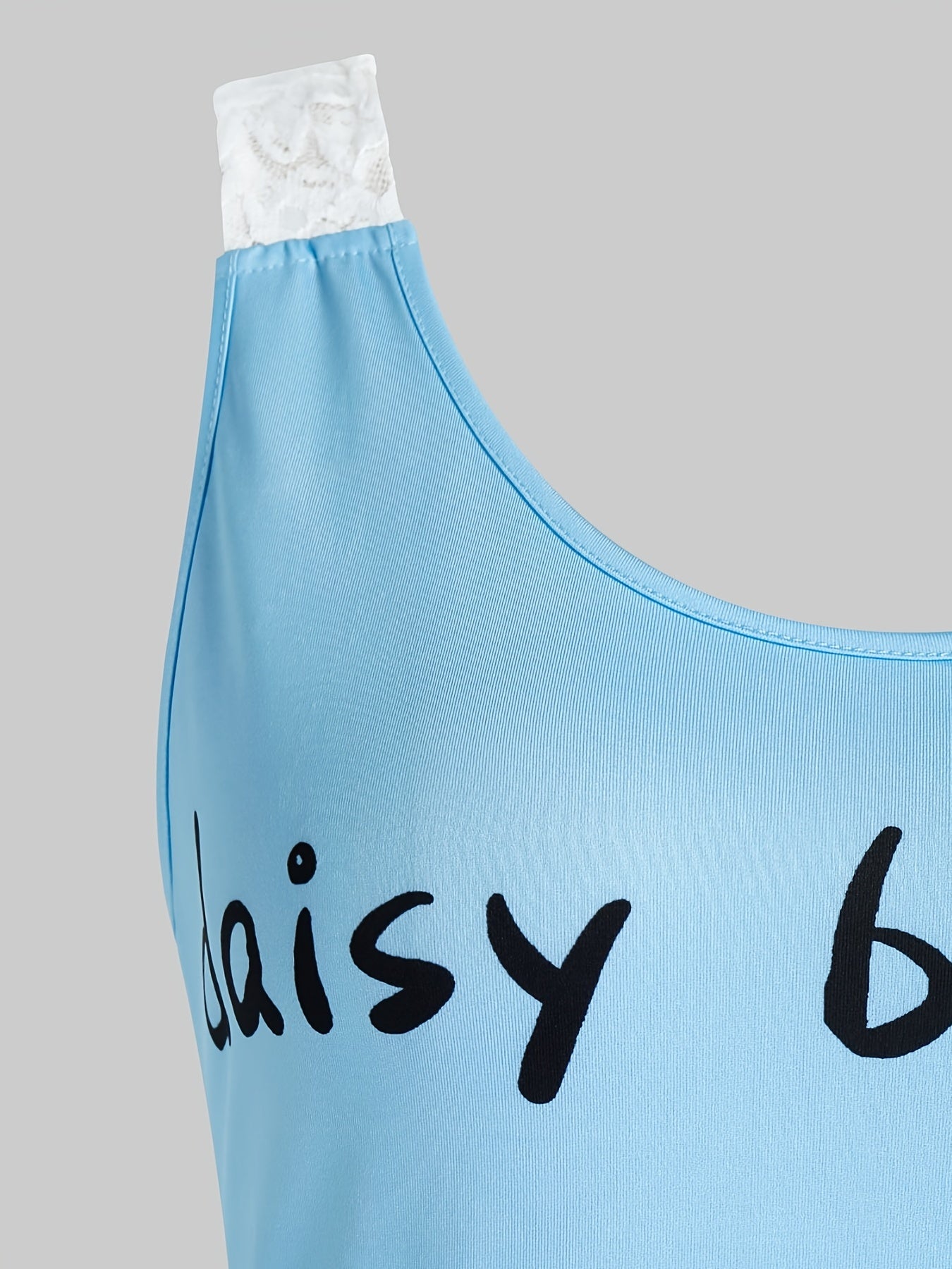 Daisy Print Lace Trim Round Neck Tank Top