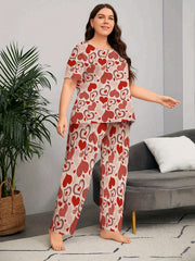Heart Print Short Sleeve Top & Pants Pajama Set