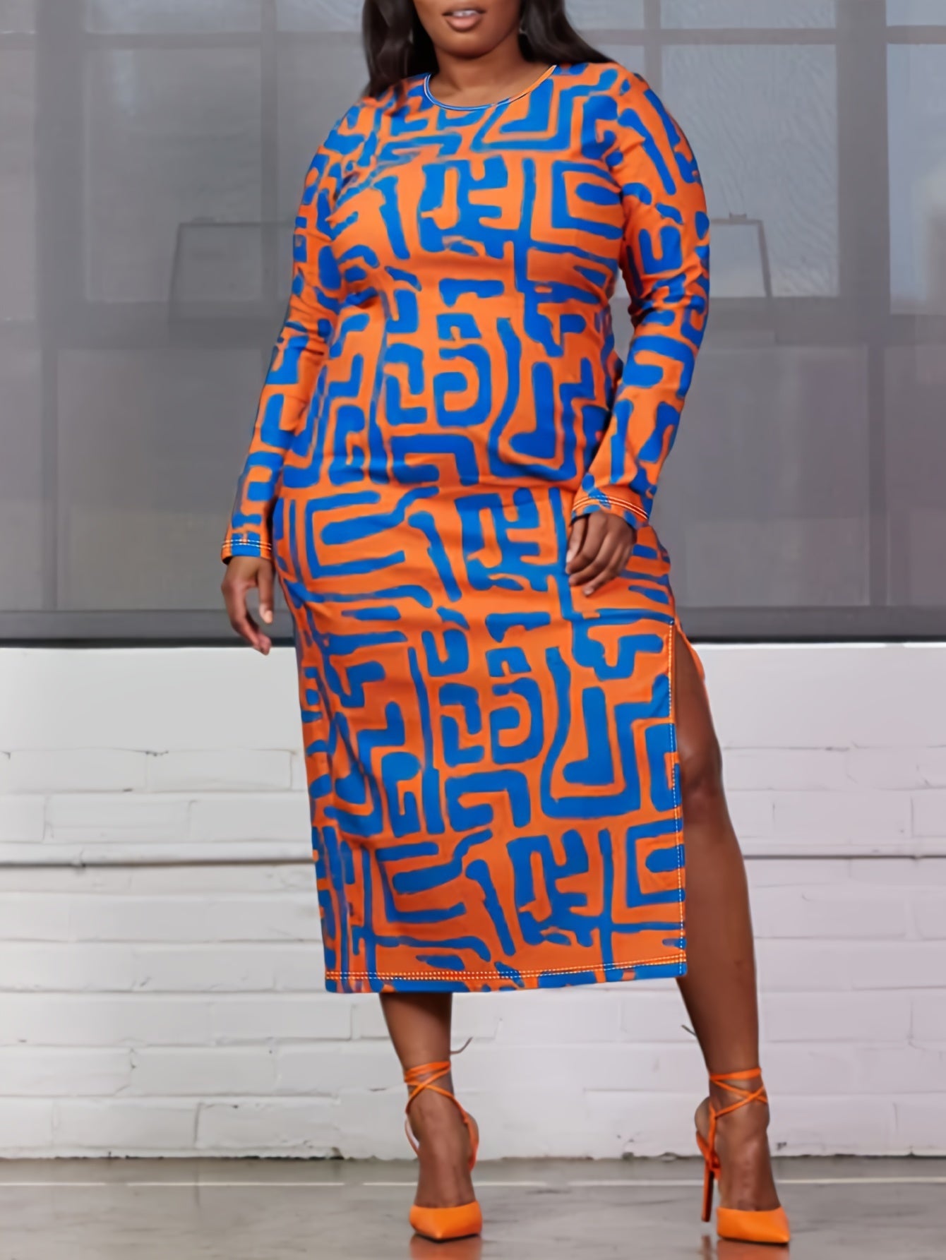 Allover Print Long Sleeve Round Neck Split Dress