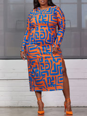 Allover Print Long Sleeve Round Neck Split Dress