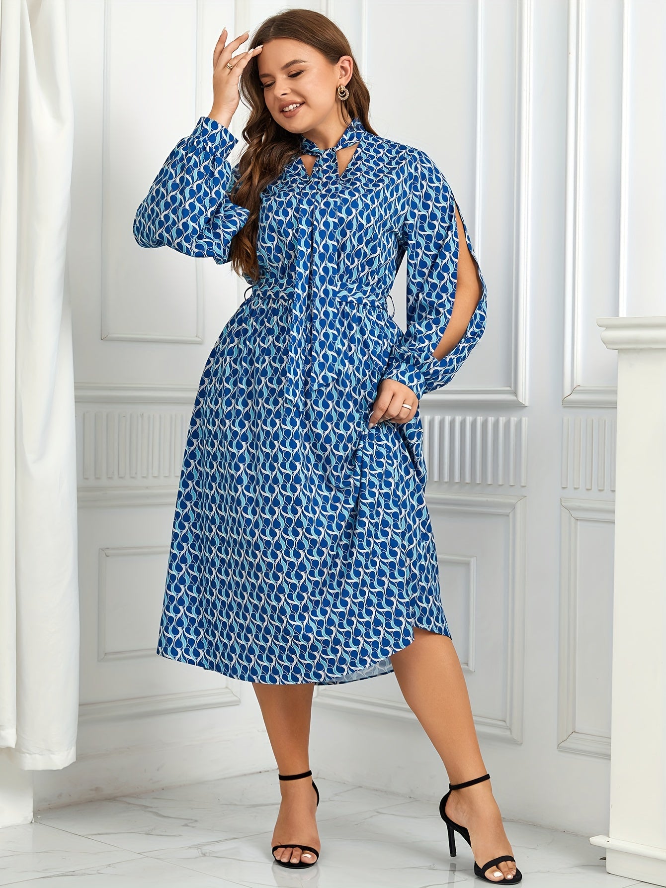 Dress Women's Plus Geometric Print Lantern Sleeve A line Maxi Dress