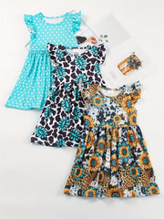 Toddler Girls Ruffled Sleeves Polka Dot Leopard Sunflower Princess Dress