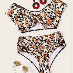 Leopard Print Bow Front Bikini Set Plus Size High Stretch Boho Swimsuit