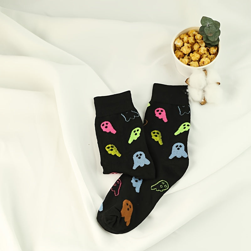 Cartoon Ghost Print Socks - Halloween Crew Socks Women's Stockings