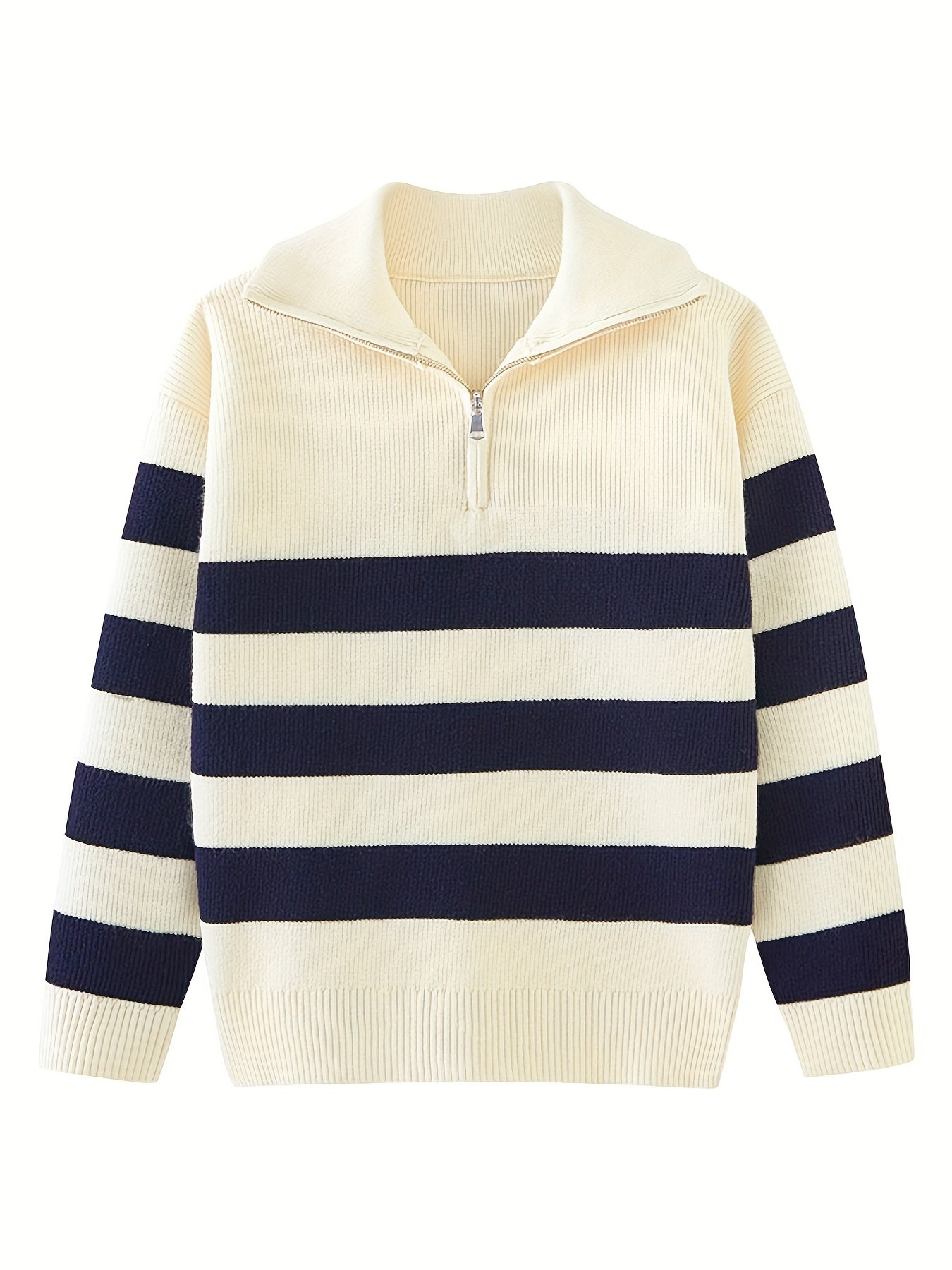 Girls' Striped Zip Collar Knitted Pullover Sweater