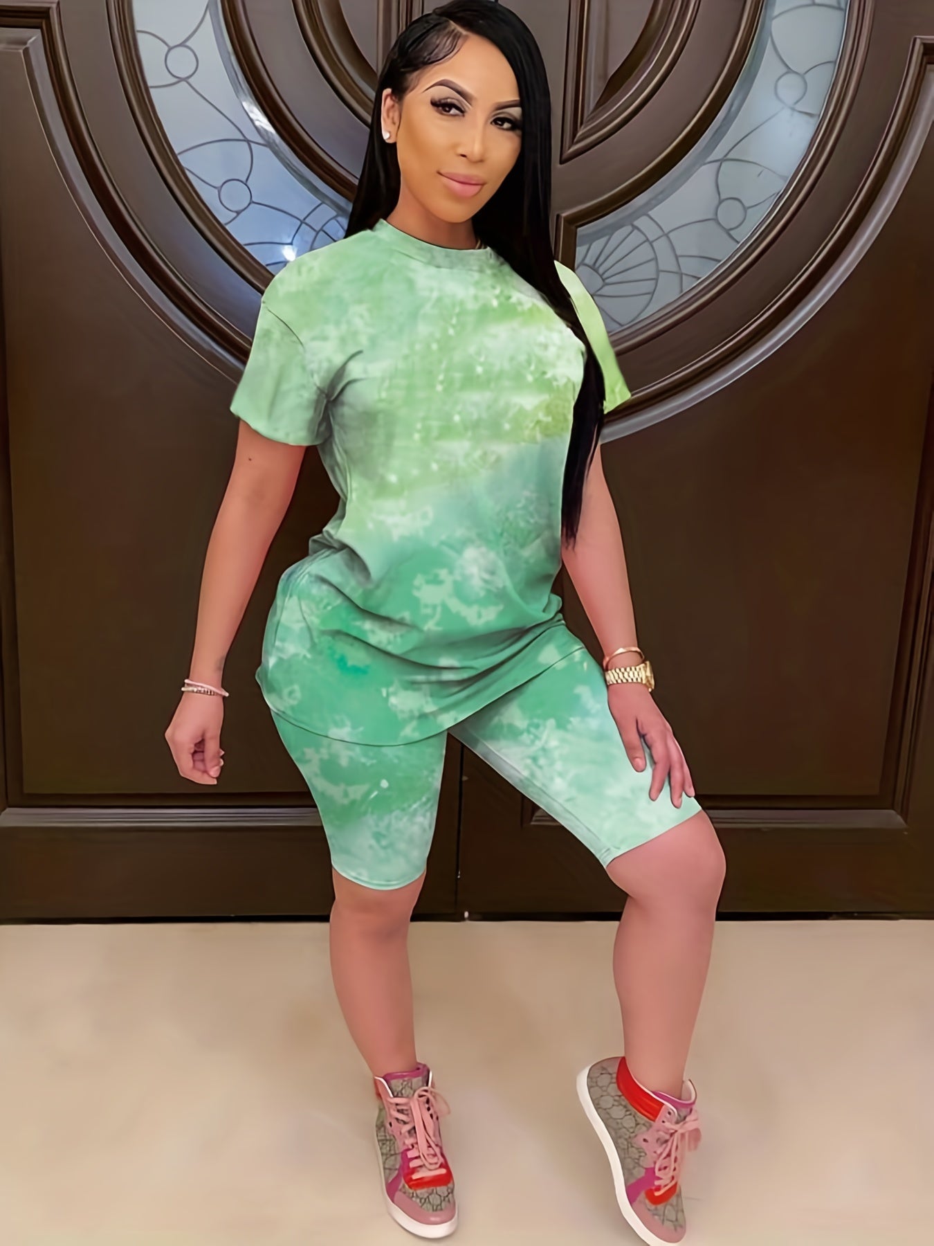 Tie Dye Tee & Shorts Set Round Neck Outfit