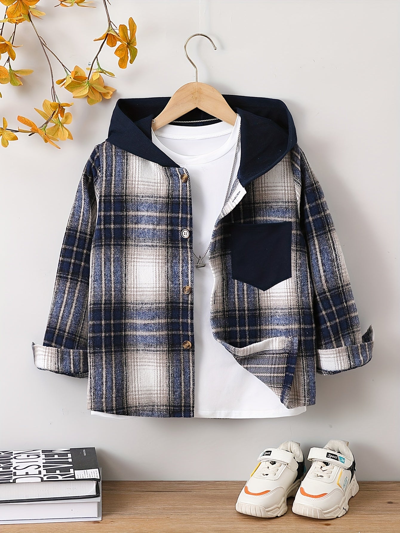 Boys Plaid Hooded Shirts Long Sleeve Button Down Hoodie Tops