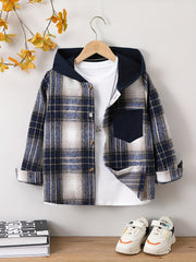 Boys Plaid Hooded Shirts Long Sleeve Button Down Hoodie Tops