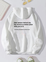 Slogan Print Drawstring Hoodie Casual Loose Hooded Warm Sweatshirt