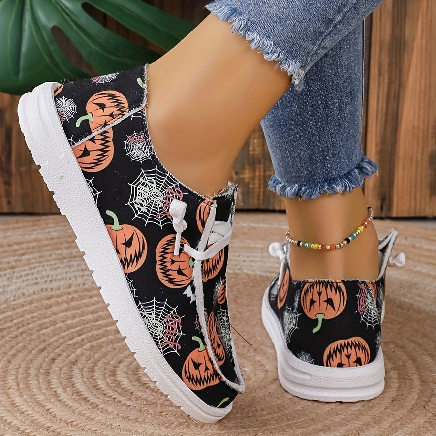 Women's Pumpkin Print Canvas Shoes Casual Lace Up Low Top Loafers Lightweight