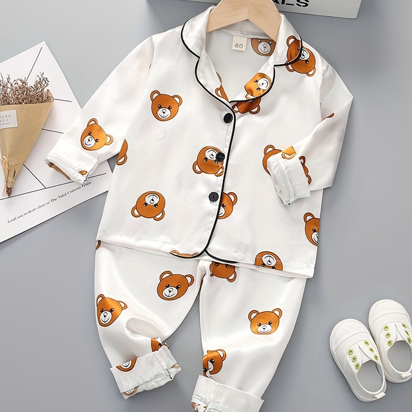 Boys 2pc Bear Print Pajamas Set Long Sleeve Top & Pants Kids Lounge Wear