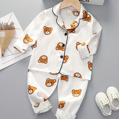 Boys 2pc Bear Print Pajamas Set Long Sleeve Top & Pants Kids Lounge Wear