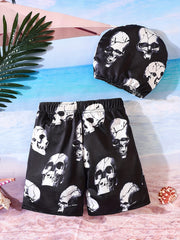 Boys Swimsuit 2 Piece Skull Print Shorts & Swim Cap