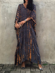 Tie Dye Split Beach Resort Maxi Kaftan Cover Up Dress Kimono Sleeve V Neck