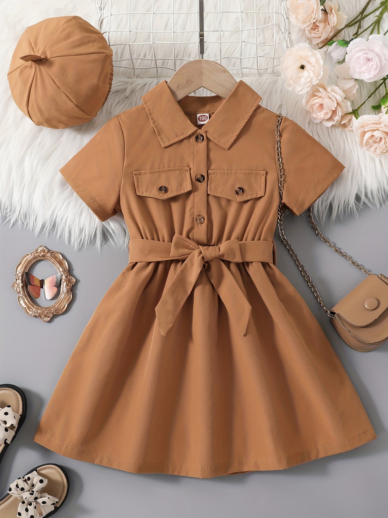 2pcs Toddler Girls Button Flap Shirt Dress & Hat Set Kids Summer Clothes