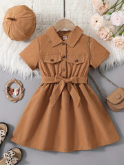 2pcs Toddler Girls Button Flap Shirt Dress & Hat Set Kids Summer Clothes