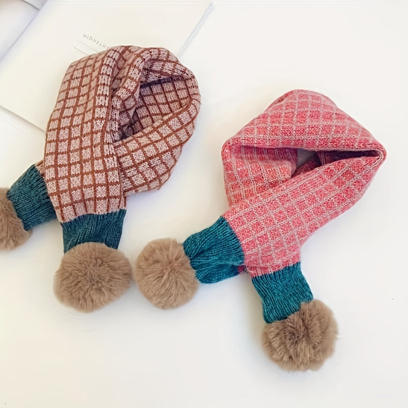 Knitted Small Plaid Hair Ball Warm Scarf 78x13in