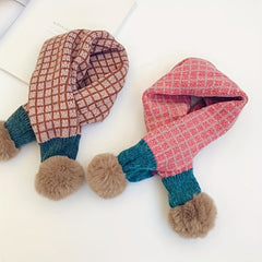 Knitted Small Plaid Hair Ball Warm Scarf 78x13in