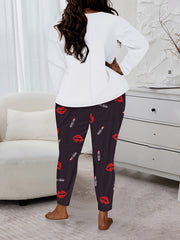 Women's Plus Leopard Kiss & Letter Print Pajamas Set