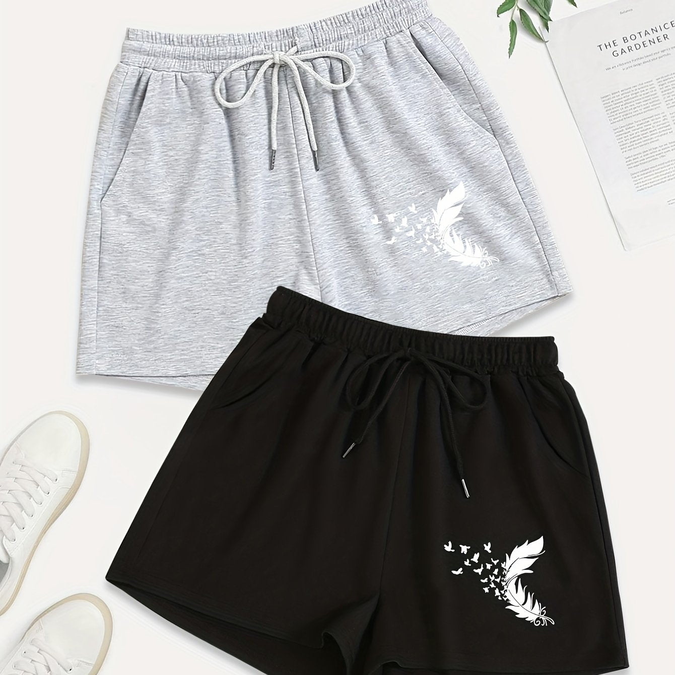 2 Pack Plus Size Bird & Feather Print Drawstring Shorts Set