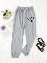 Heart & Paw Print High Waist Pants Casual Elastic Waist Pants