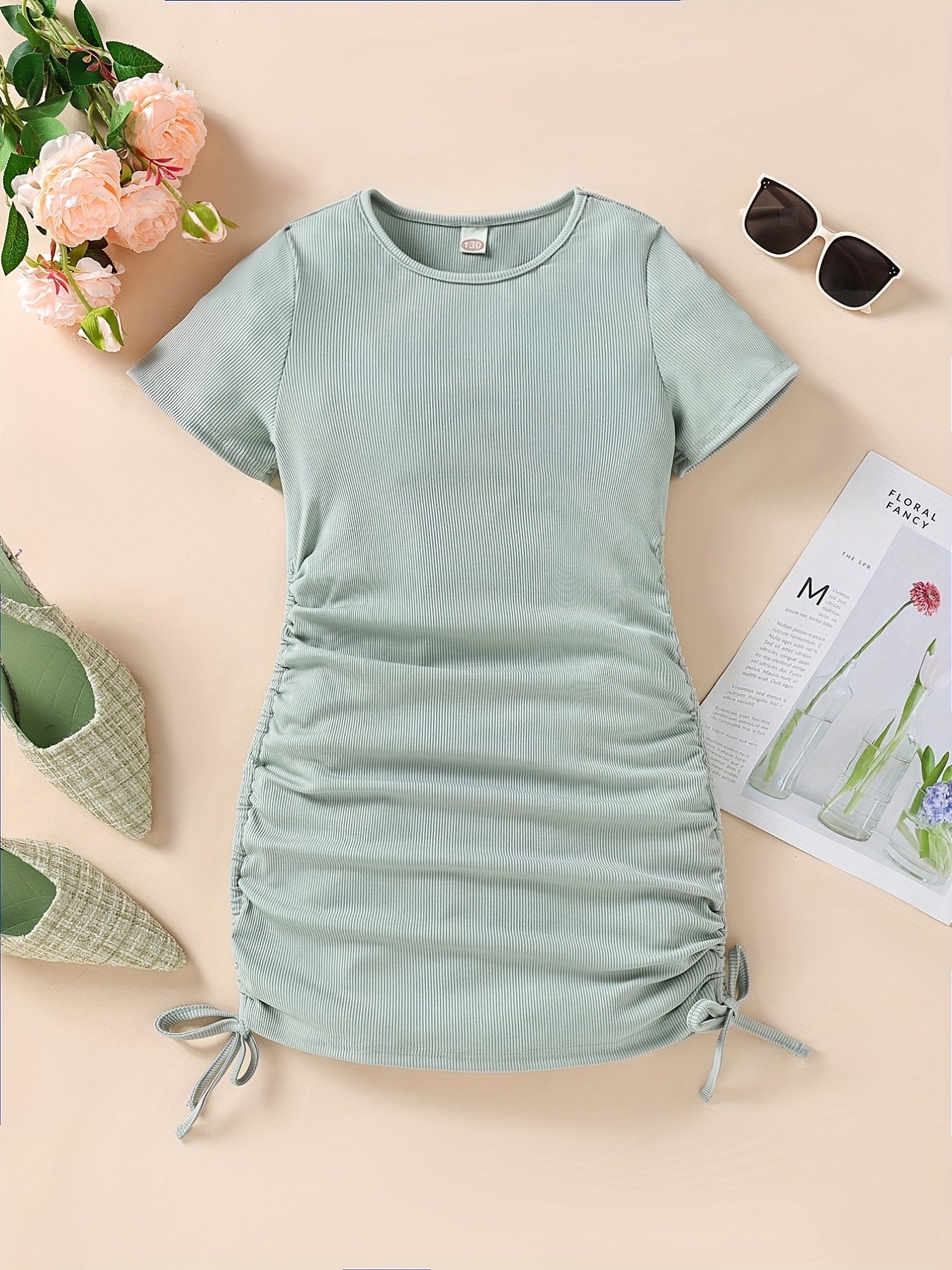 Girls' Drawstring Side Ruched Casual Dress Slim Fit Short Sleeve
