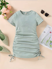 Girls' Drawstring Side Ruched Casual Dress Slim Fit Short Sleeve