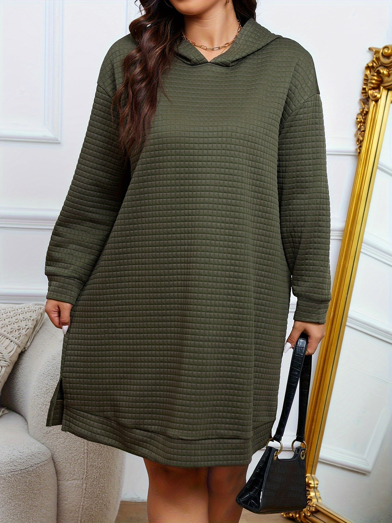 Women's Plus Waffle Pattern Long Sleeve Hooded Dress