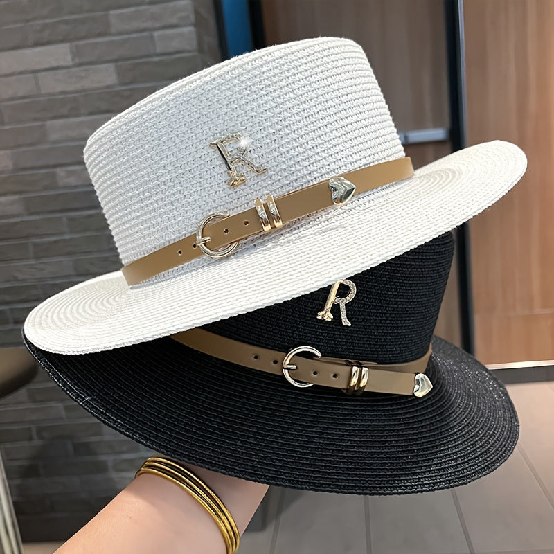 Wide Brim Straw Hat Metal Letter Belt Beach Sun Hat