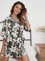Floral Print Short Sleeve Satin Robe