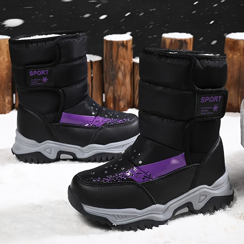 Boys Waterproof Snow Boots w/ Hook and Loop Fastener Soft Warm Fleece Boots