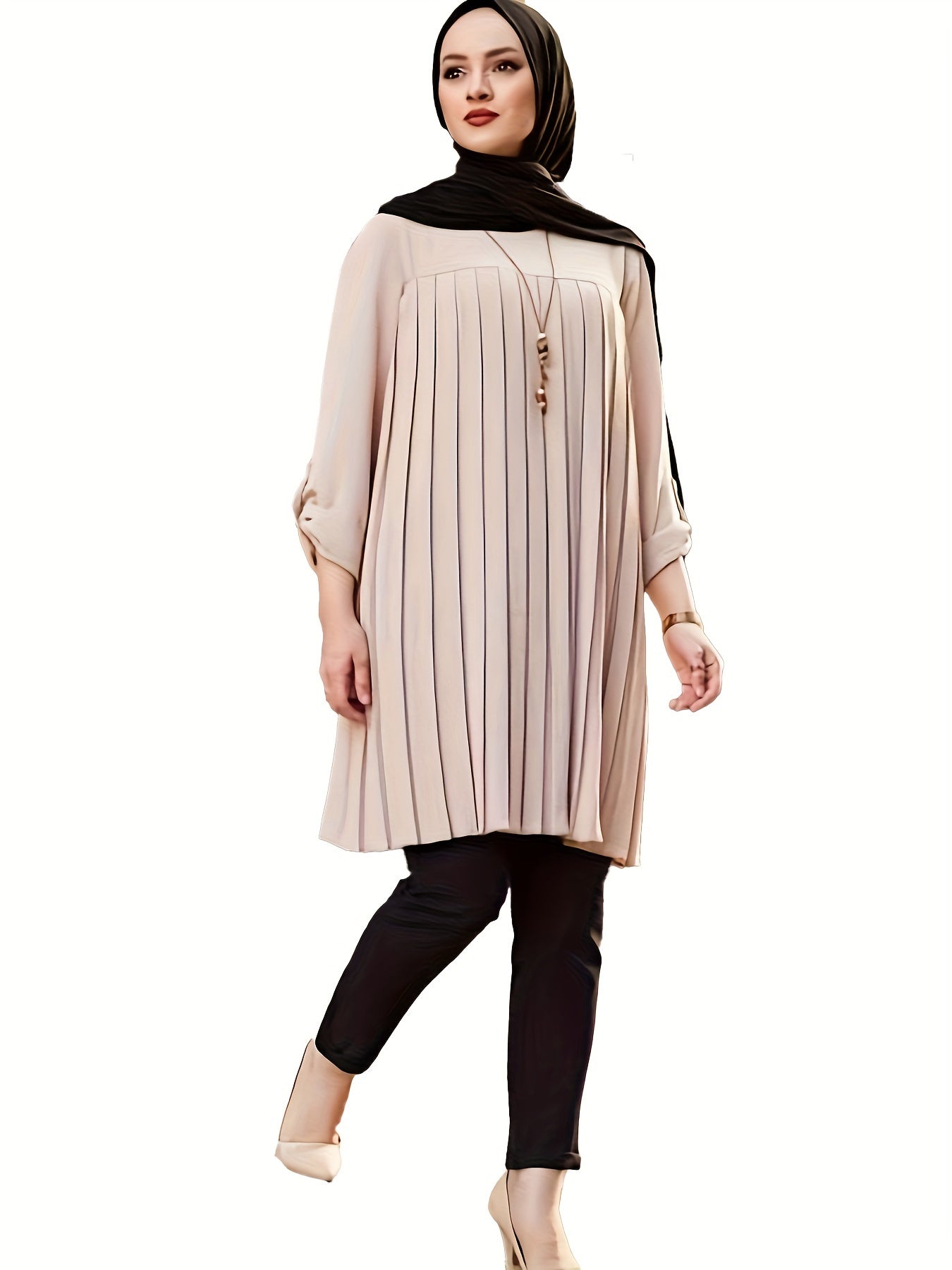 Casual Kaftan Dress Women's Plus Roll Up Long Sleeve Dress