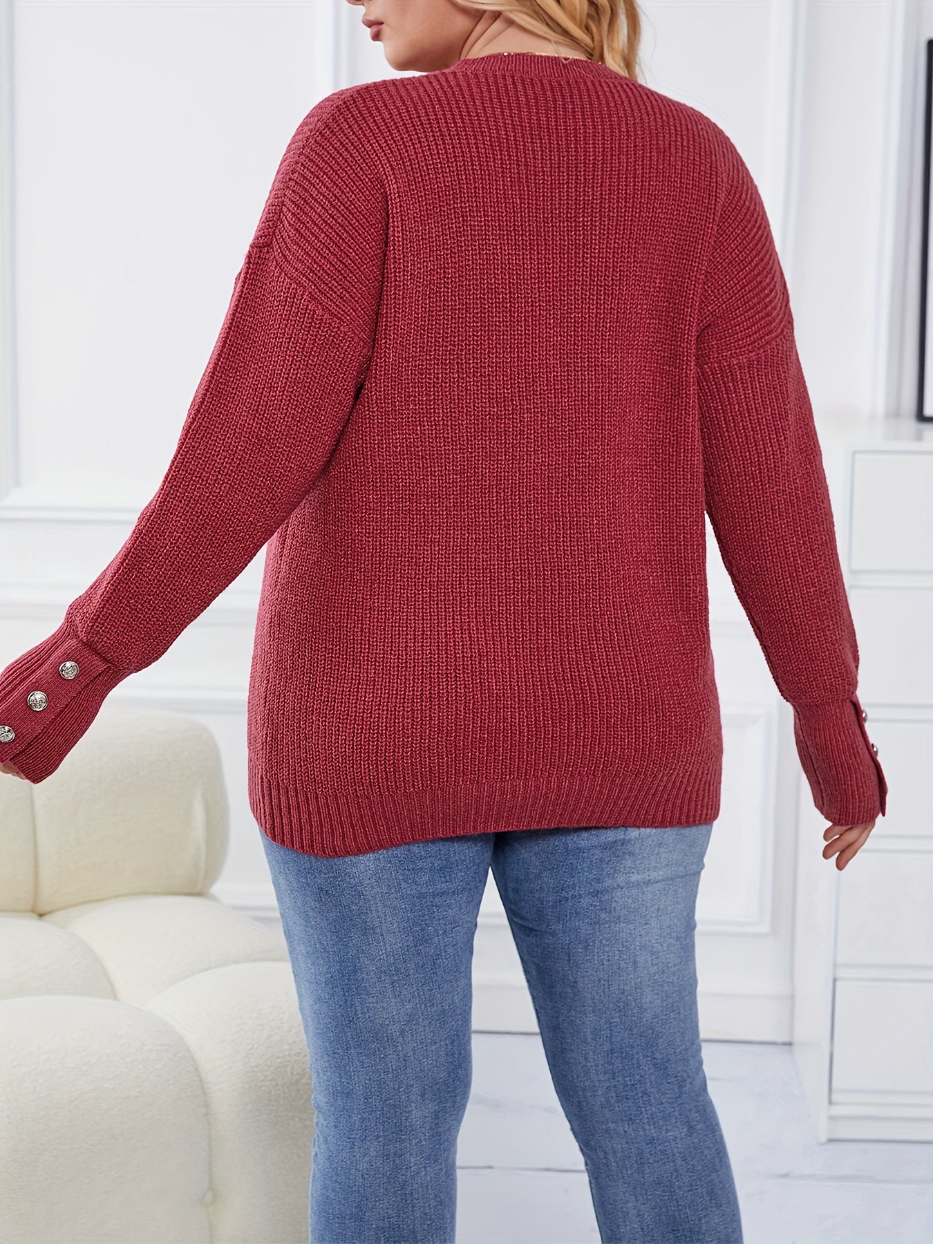 Casual Sweater Women's Button Long Sleeve Round Neck Jumper