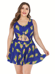 Feather Print Knot Cut Out Round Neck One Piece Swimsuit