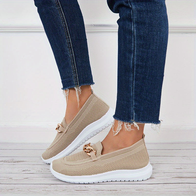 Women's Knitted Sock Sneakers Metallic Chain Slip On Low Top Flat Shoes