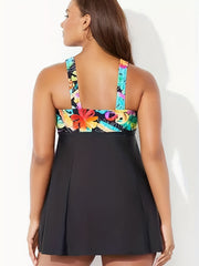 Colorblock Tropical Print Knot V-Neck Tankini Set