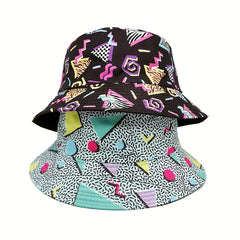 Geometric Print Fisherman Hat Double-sided Bucket Hat Spring Summer Sunscreen