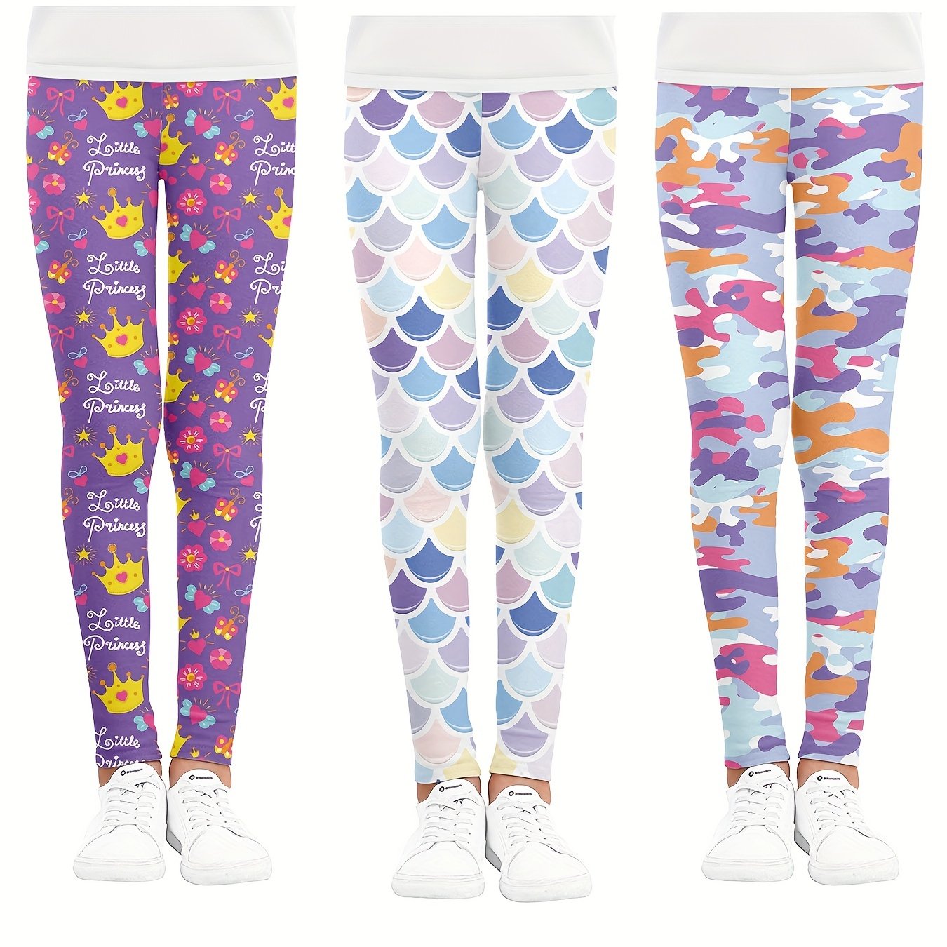 Girls Camouflage Crown Fish Scale Athletic Leggings Elastic Waist Yoga Pants