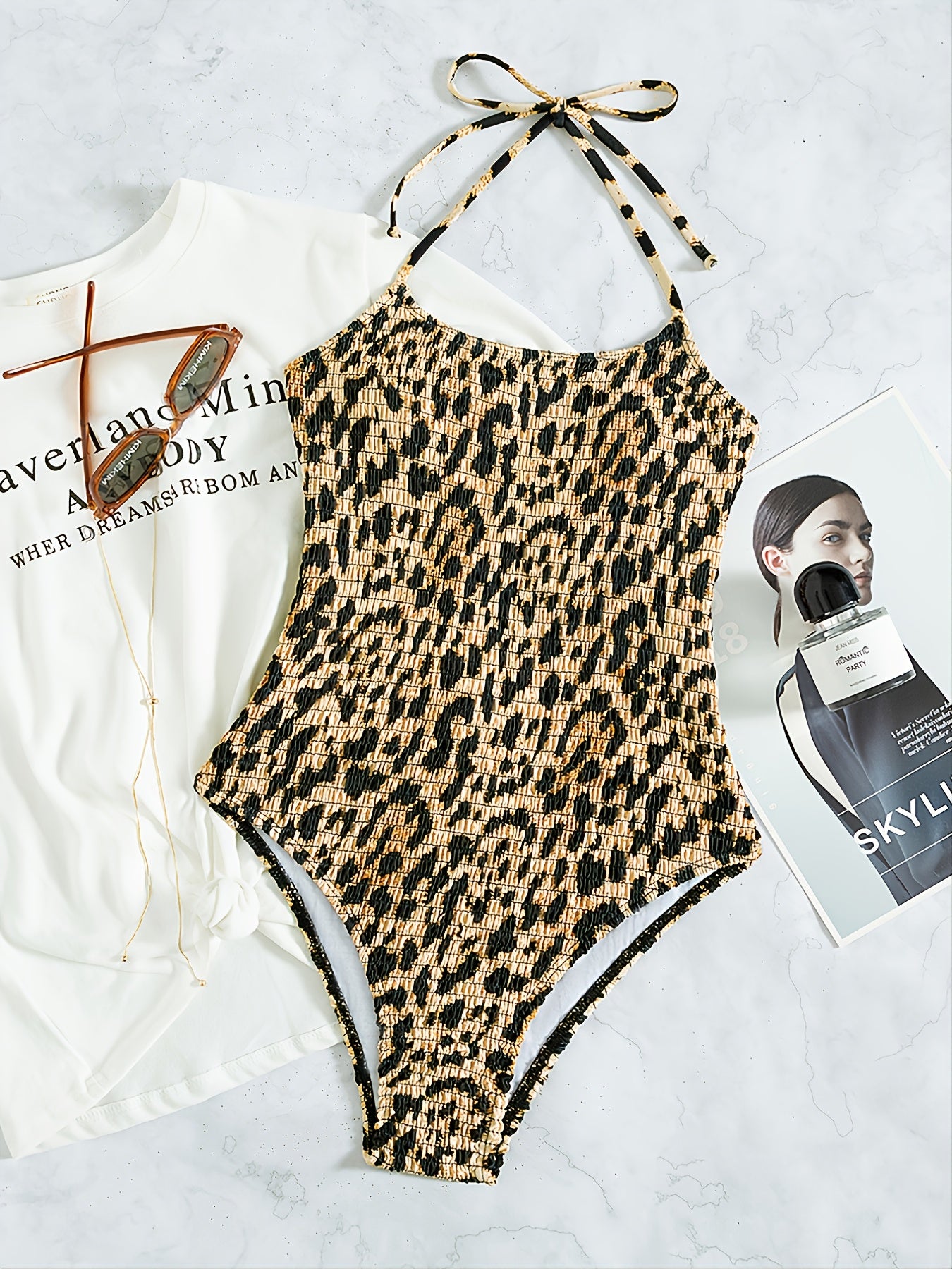 Leopard Smocked One Piece Swimsuit Women's Swimwear