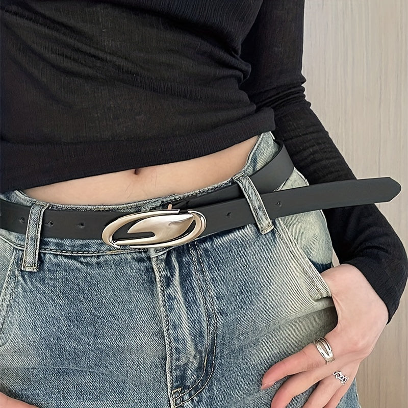 Geometric Oval Buckle Thin Belt PU Jeans Pants Belt For Women