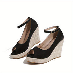 Peep Toe Ankle Strap Wedge Sandals High Heels Comfy Micro Suede