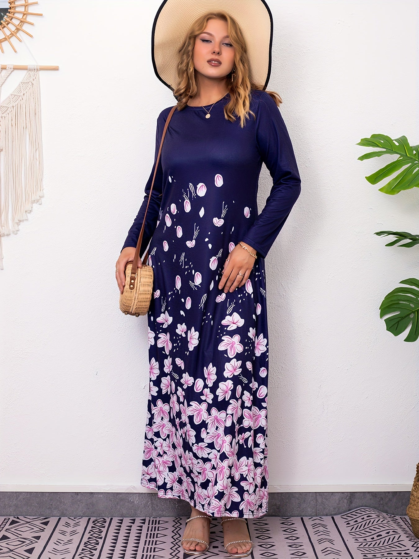 Floral Print Long Sleeve Stretch Dress Plus Size